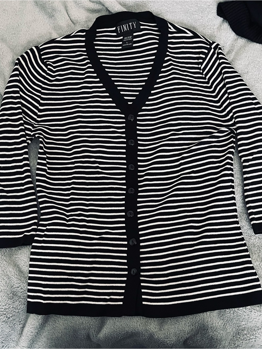 Finity Black & White Striped Knit Button Cardigan